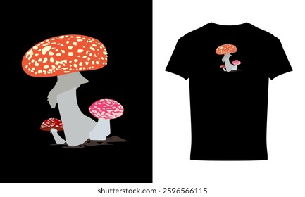 Mushroom Vector Line Art T-shirt Design, Colorful Mushroom Art T-shirt Design