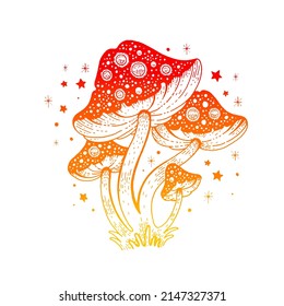 Vector de hongos. Ilustración mágica de la mosca agaric. Dibujo del contorno del bosque celeste. Hongos o toadstool clipart gráfico. Gradiente rojo místico mosca agaric. Manita mística Doodle, estilo boho