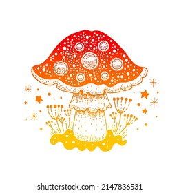 Mushroom vector. Magic illustration of fly agaric. Celestial forest outline drawing. Mushrooms or toadstool clipart graphic. Mystical red gradient fly agaric. Doodle mystic amanita, boho style