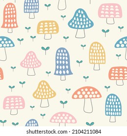 Mushroom vector pattern background, seamless repeat of cute hand drawn mushrooms and leaves. 