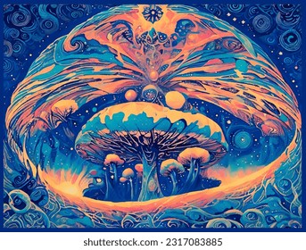 Mushroom vector pattern. Celestial forest outline drawing. Neon orange mushroom toadstool graphic. Mystic on blue background. Doodle boho mystic tattoo amanita