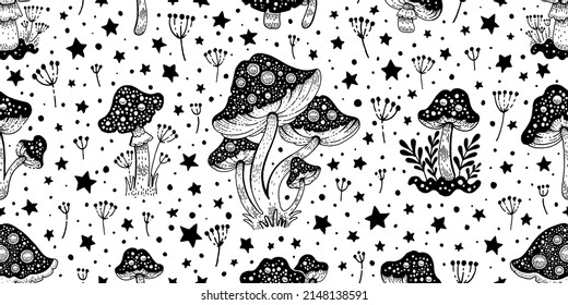 Mushroom vector pattern. Magic seamles illustration of fly agaric. Celestial forest outline drawing. Mushroom toadstool clipart graphic. Mystic black line background. Doodle boho mystic tattoo amanita