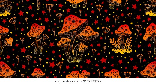 Pilzvektormuster. Magische nahtlose Illustration von Fliegenagar. Umrisszeichnung der Himmelswälder. Neonroter Pilz-Toadstool-Grafik. Mystisch auf schwarzem Hintergrund. Doodle boho mystische Tattoo amanita