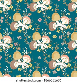 Mushroom vector pattern Seamless pattern with mushrooms on a dark green background. Leaves and twigs. For packaging, printing, web pages.