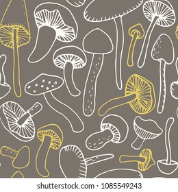Mushroom vector pattern. Vintage hand drawn forest mushrooms seamless background.