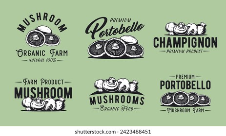 Mushroom vector portobello set or collection of champignon. White button for mushrooms picking. Vegetarian fungus cremini for food. Nature fungi for healthy nutrition.