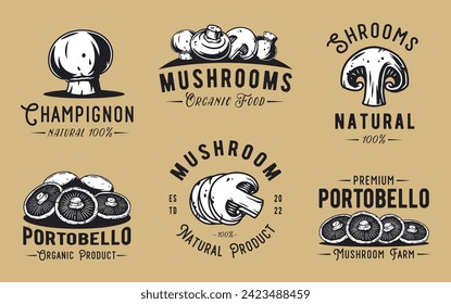 Mushroom vector portobello set or collection of champignon. White button for mushrooms picking. Vegetarian fungus cremini for food. Nature fungi for healthy nutrition.