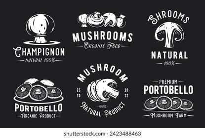 Mushroom vector portobello set or collection of champignon. White button for mushrooms picking. Vegetarian fungus cremini for food. Nature fungi for healthy nutrition.