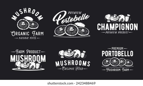 Mushroom vector portobello set or collection of champignon. White button for mushrooms picking. Vegetarian fungus cremini for food. Nature fungi for healthy nutrition.