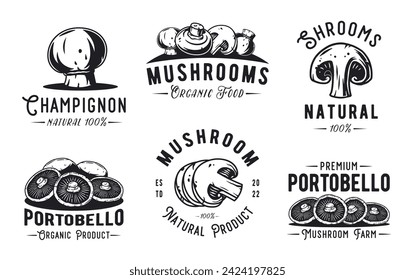 Mushroom vector portobello set or collection of champignon. White button for mushrooms picking. Vegetarian fungus cremini for food. Nature fungi for healthy nutrition.