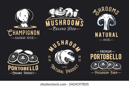 Mushroom vector portobello set or collection of champignon. White button for mushrooms picking. Vegetarian fungus cremini for food. Nature fungi for healthy nutrition.