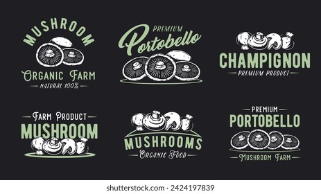 Mushroom vector portobello set or collection of champignon. White button for mushrooms picking. Vegetarian fungus cremini for food. Nature fungi for healthy nutrition.