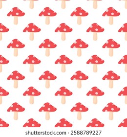 Mushroom vector seamless continuous print pattern, wallpaper, background, home textile print, seamless pattern, hand drawn pattern.