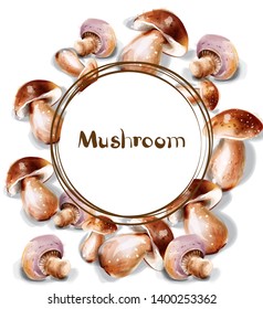 Mushroom Vector watercolor. Menu template round frame