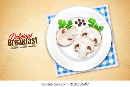 Mushroom vegetable slices with coriander leaves and black pepper seeds vector illustration from top view