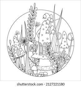 Mushroom village in the forest. Hand drawn coloring page.