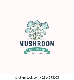 mushroom vintage farm logo vector illustration design, tattoo mushroom vintage logo ,champignon mushroom vintage logo, icon and symbol, vector illustration design