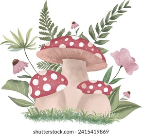 Mushroom Watercolor with Flower and Leaves