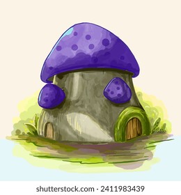 mushroom watercolor vector with a cute and funny purple color 