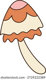 Champiñón con capuchón ondulado en capas y tallo largo delineado con línea audaz. Símbolo de ambiente retro, naturaleza, magia y creatividad. Ilustración vectorial de dibujos animados.
