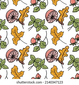 Hongos y bayas silvestres. Patrón de otoño sin fisuras vectorial con hongos y fresas silvestres. Hojas de otoño. Ilustración del doodle.