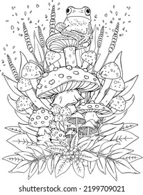 Mushroom in the wild with a frog coloring page