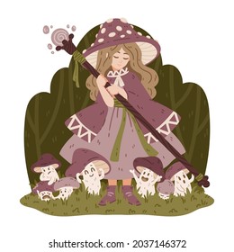 Mushroom witch, with a magic staff, a cape and a fly agaric hat. The enchantress grows boletus. Halloween drawing for poster, cards and more. Vector illustration isolated on white background.