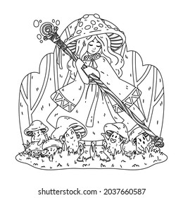 Mushroom witch, with a magic staff, a cape and a fly agaric hat. The enchantress grows boletus. Halloween drawing coloring page. Vector illustration isolated on white background.