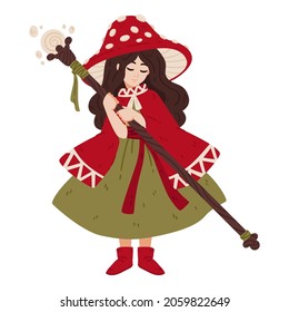 Mushroom witch, with a magic staff, a cape and a fly agaric hat. The enchantress grows boletus. Halloween drawing for poster, cards and more. Vector illustration isolated on white background.