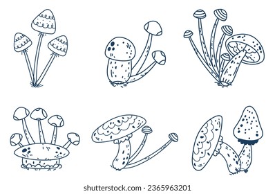 Mushroom witchy celestial magic outline moon forest boho mystical isolated set. Vector graphic design illustration