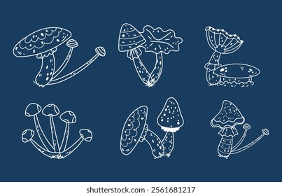 Mushroom witchy celestial magic outline moon forest boho mystical isolated set. Vector graphic design illustration