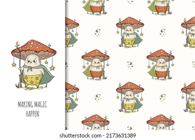 Mushroom wizard cartoon vector illustration for posters, T-shirt print, postcard. Kids card print template and seamless background pattern set