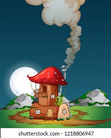 Mushroom wooden house in nature illustration