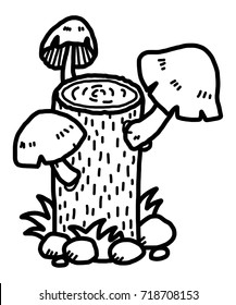 mushroom and wooden log / cartoon vector and illustration, black and white, hand drawn, sketch style, isolated on white background.