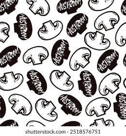 Mushroom Woodland Whimsy Seamless Silhouette Art. Perfect for culinary or nature-themed projects, this pattern offers a versatile backdrop for fabric, wrapping paper, or home decor.