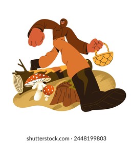 Mushroomer finds toadstools, amanita in fall forest. Fly agaric grows in autumn woodland. Person walking with basket in hand to gather, pick mushrooms. Flat isolated vector illustration on white