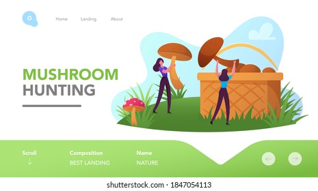 Mushroomers Pick Up Huge Mushrooms in Forest Landing Page Template. Tiny Characters Rest on Nature, Outdoor Activity. Women Relaxing in Countryside, Leisure, Hobby. Cartoon People Vector Illustration