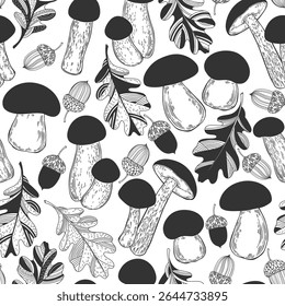 Cogumelos, bolotas e folhas de carvalho decorativo. Padrão sem emenda preto e branco. Vetor.  Perfeito para modelos de design, papel de parede, embalagem, tecido, impressão e têxtil. 