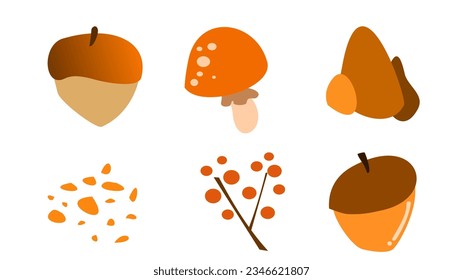 Mushrooms acorns and more graphic design elements for autumn and cottage core.