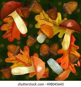 mushrooms. Acorns and Oak Leaves Vector Pattern. Vector illustration. A beautiful illustration of a pattern of acorns. The exclusive design and decoration. repeating pattern.