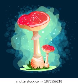 Mushrooms. Amanita. Magic drawings with mushrooms. Against a dark background with uman and fire flashers. A beautiful, mysterious sticker. Modern colors and lines.