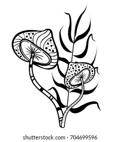 Mushrooms of amanita with patterns, ornaments, curls, fern. Doodle. Boho style.