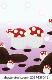 Mushrooms amidst pink snow in fields filled with rocks.