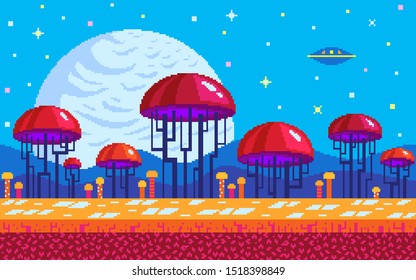 Mushrooms area on alien planet. Pixel art game location. Seamless vector background.