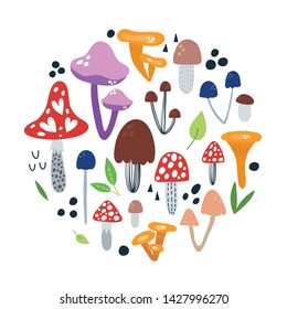 Mushrooms arranged in circle, autumn  vector print. Design for  cards, posters, cards, t-shirts, book, textile.