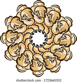 Mushrooms arranged in a circle. Seamless round composition with hand drawn veggies. Vector illustration on white background.