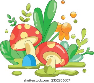 Mushrooms. Autumn composition of cute cartoon mushrooms and flowers. Gnome vector fantasy. Fantastic mushrooms. Isolated on a white background.