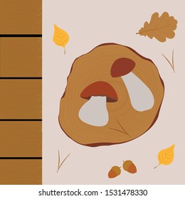 Mushrooms autumn composition postcard set vector tree acorns autumn leaves food illustration
