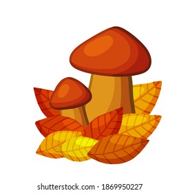 Mushrooms. Autumn element of forest and nature. Natural food. Large and small cep. Red and orange leaves. Detail for background of child drawing. Cartoon illustration