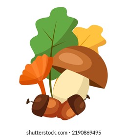 Mushrooms and autumn leaves. Autumn harvest. Autumn composition on white background. Vector